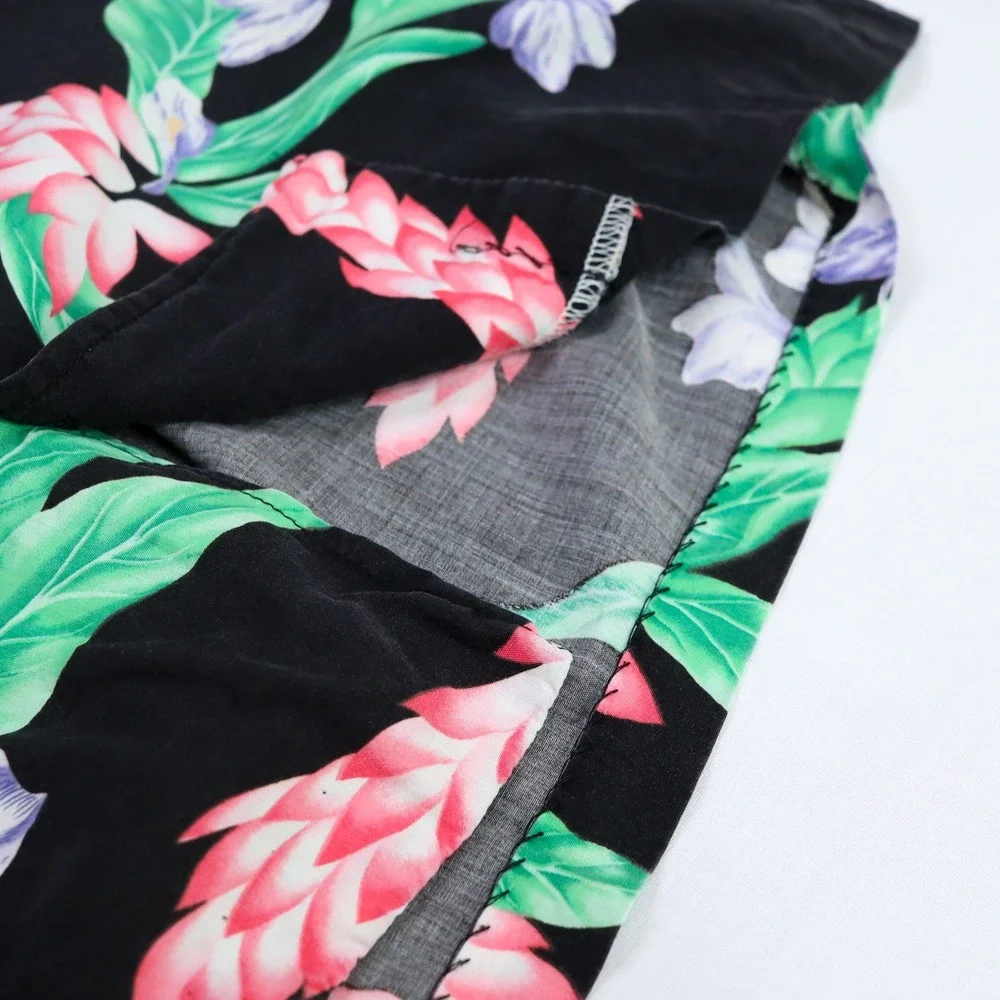 Vintage Reyn Spooner Hawaiian Shirt Mens L Black Floral Rayon Aloha Camp USA‎